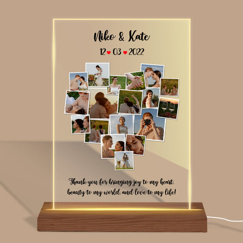 Personalized Photo Collage Heart Shape And Custom Message Acrylic LED Lamp