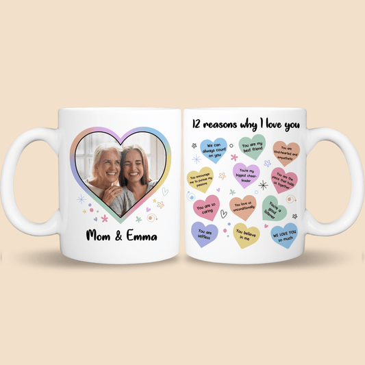 12 Reasons Why I Love Mom Heart Photo - Personalized White Mug - Best Gift For Mom