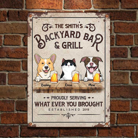 Backyard Bar & Grill With Cats And Dogs - Personalized Metal Sign