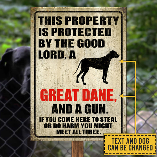 This Property Is Protected By The Good Lord, My Dog And A Gun - Funny Personalized Dog Metal Sign