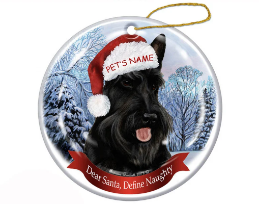 Holiday Pet Gifts Scottish Terrier Santa Hat Dog Porcelain Christmas Ornament, Personalized Christmas Ornaments