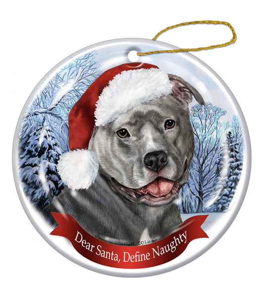Holiday Pet Gifts Pit Bull (Uncropped Blue) Santa Hat Dog Porcelain Christmas Ornament