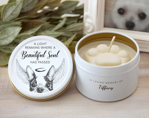 Personalized Boston Terrier Dog Paw Print Candle - Pet Loss Gifts