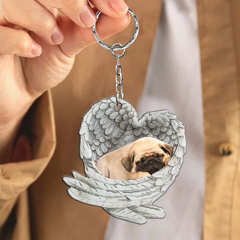 Pug Sleeping Angel Wing - Memorial Dog Pet Lover Keychain Ring Holder Kit