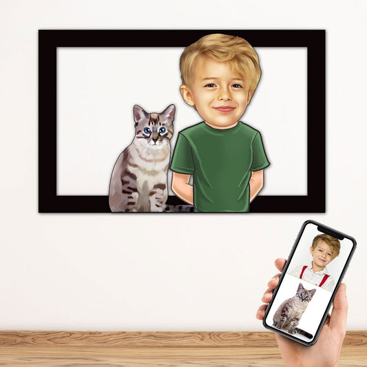 Personalized Cartoon Child & Cat Wooden Wall Art