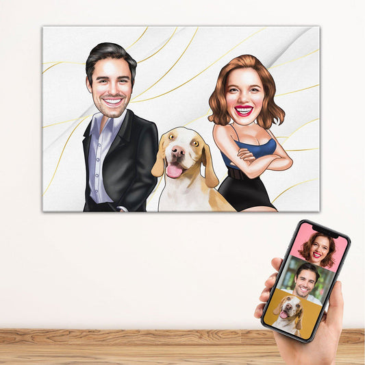 Personalized Cartoon Couple & Dog Canvas White BG