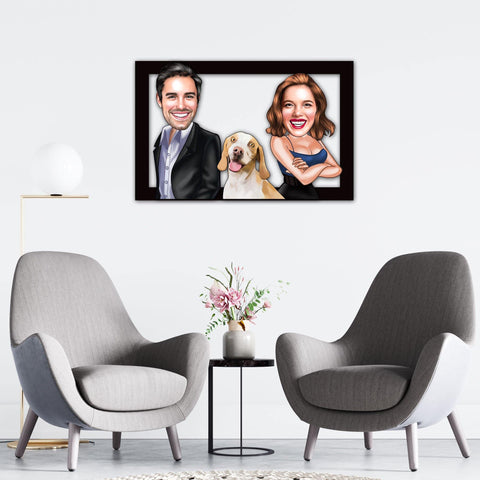 Personalized Cartoon Couple & Dog Wooden Wall Art