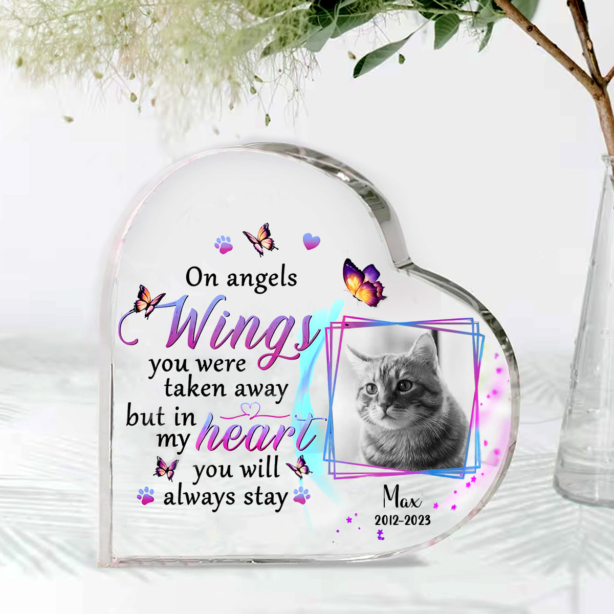 On Angels Wings You Were Taken Away But In My Heart You Will Always Stay Photo Crystal Heart Acrylic Blocks - Memorial Gifts for Pet Lovers - Pet Loss Gifts