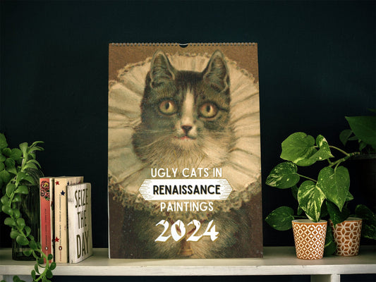 | FREESHIP | 2024 Ugly Cats In Renaissance Paintings Calendar, Cursed Cat Meme, Medieval Funny Cat Portrait Art Drawing Quirky Novelty Gift