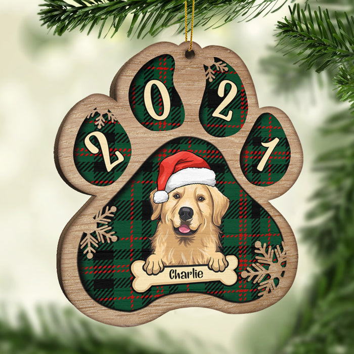 Personalized Christmas Paw Ornament - Dog, Cat And Snow - Plaid Buffalo Pattern - Customized Decoration Gift For Pet Lovers