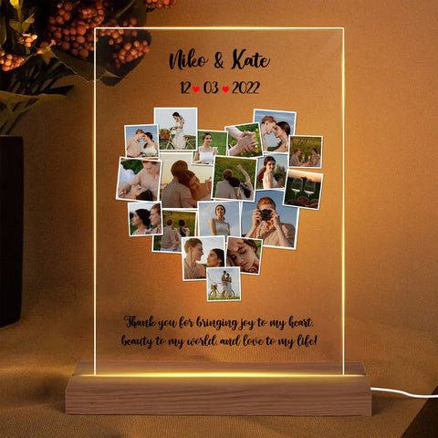 Personalized Photo Collage Heart Shape And Custom Message Acrylic LED Lamp