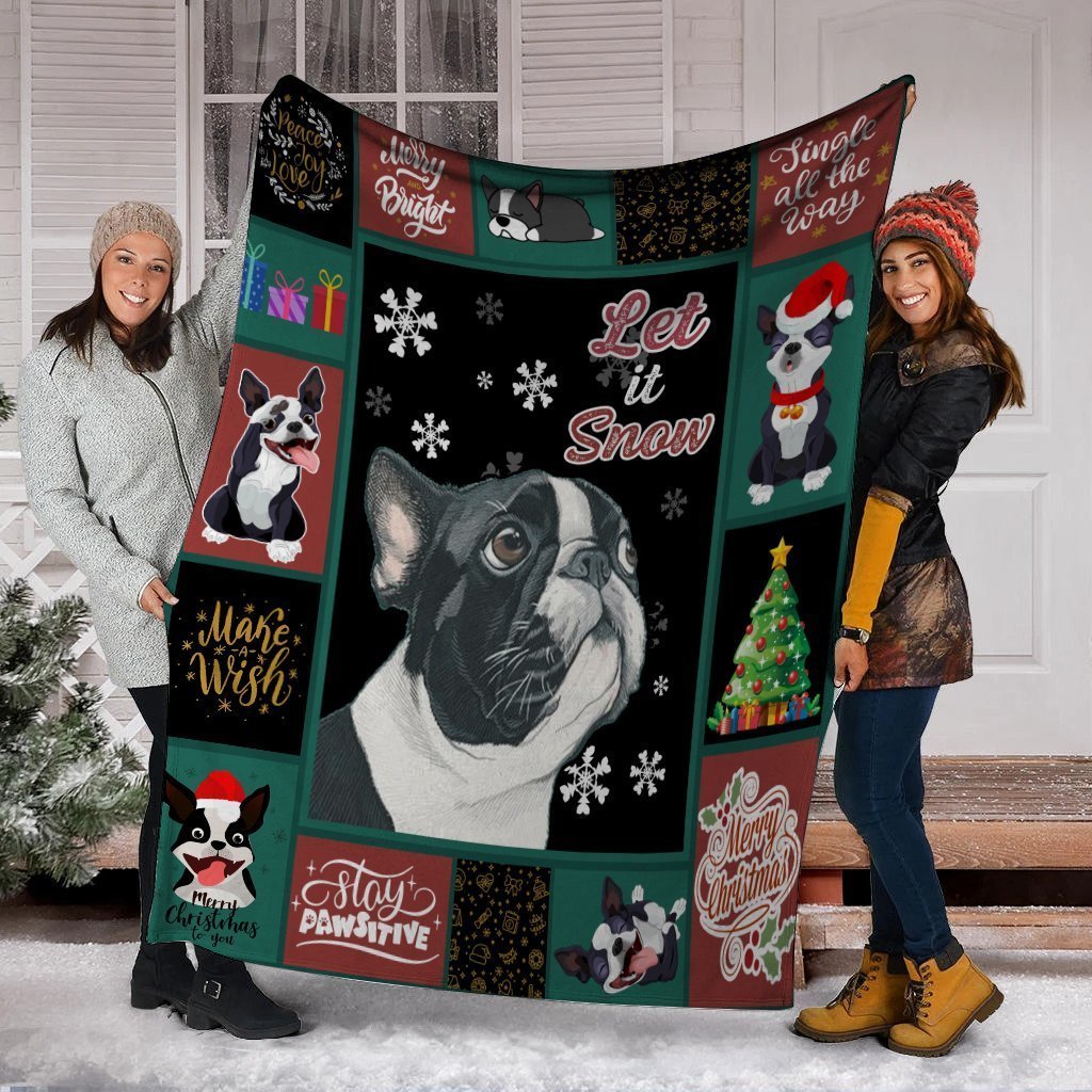 Let It Snow Boston Terrier Dog Snowflake Christmas Fleece Blanket - Christmas Fleece Blanket - Gift For Dog Lovers