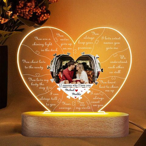 12 Reasons Why I Love You - Personalized Heart Acrylic LED Lamp - Best Gift for Couple