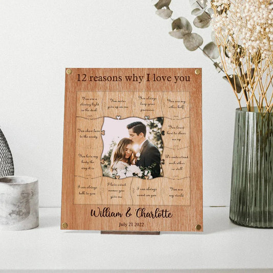 12 Reasons Why I Love You With Custom Date Wooden Puzzle Piece Collage - Personalized Frame