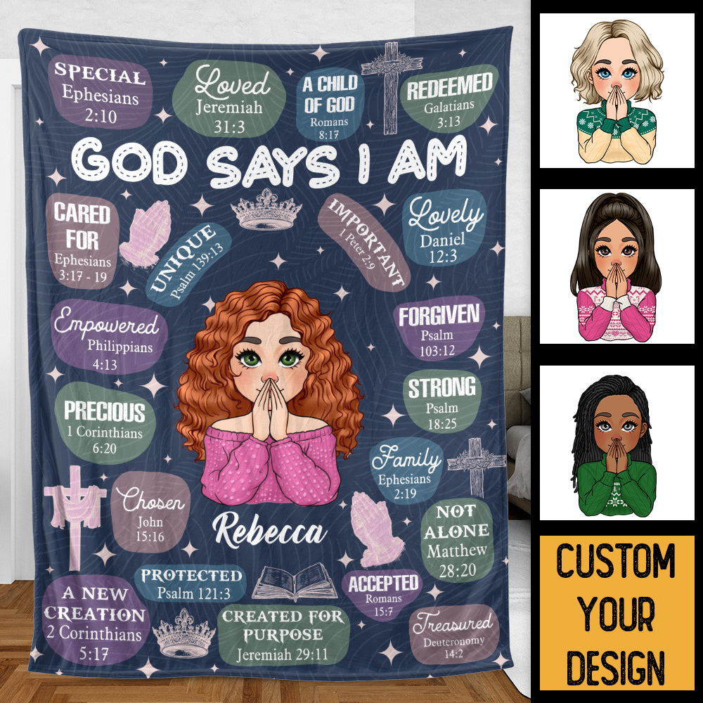 God Says I Am (Dark Blue) - Personalized Blanket - Meaningful Gift For Birthday