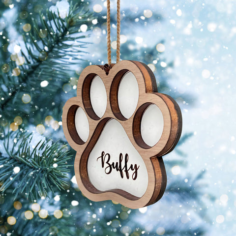 3D Wooden Paw Print Ornament - Personalized Rustic Ornament
