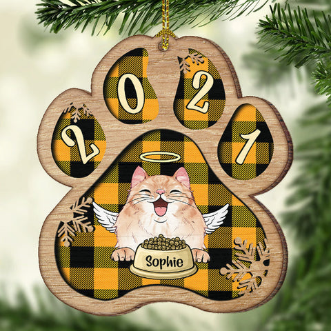 Personalized Christmas Paw Ornament - Dog, Cat And Snow - Plaid Buffalo Pattern - Customized Decoration Gift For Pet Lovers