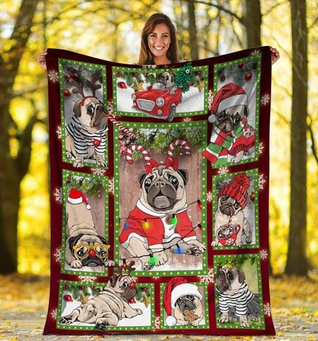 Cute Pug Dog Christmas Fleece Blanket