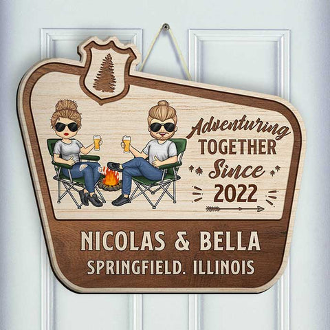 Adventuring Together Since - Gift For Couples, Husband Wife - Personalized Shaped Wood Sign
