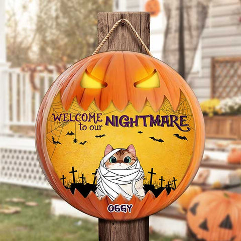 Welcome To Our Nightmare - Cats Halloween - Funny Personalized Cat Door Sign