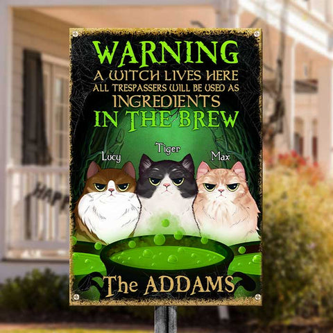 Halloween For Cats - A Witch Lives Here - All Trespassers Will Be Used As Ingredients - Personalized Metal Sign, Halloween Ideas