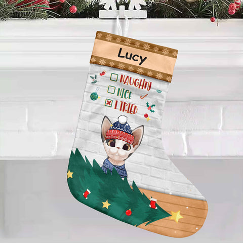 Naughty - Nice - I tried - Cat Christmas Costumes - Personalized Christmas Stocking