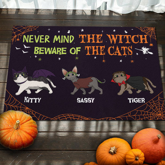 Never Mind The Witch, Beware Of The Cats - Personalized Decorative Mat, Halloween Ideas