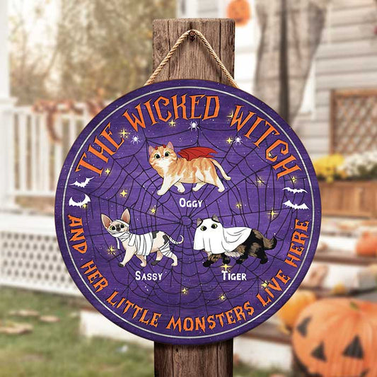 The Wicked Witch And Little Monsters Live Here - Funny Personalized Cat Door Sign, Halloween Ideas.