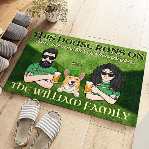 This House Runs On Love, Lick And Lots Of Shenanigans - Gift For Couples, Husband Wife, St. Patrick's Day - Personalized Decorative Mat