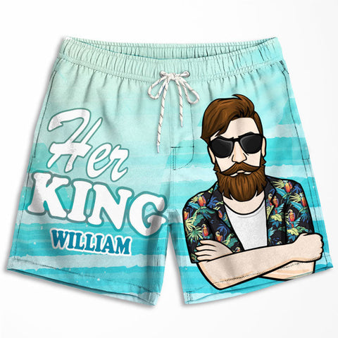 Her King & His Queen - Personalized Couple Beach Shorts - Gift For Couples, Husband Wife