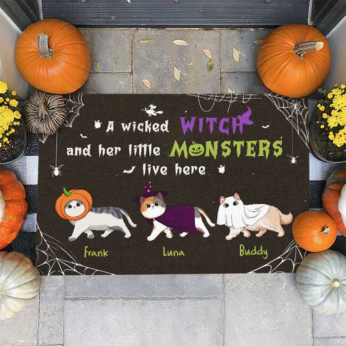 Halloween For Cats - A Wicked Witch And Her Little Monsters Live Here - Personalized Decorative Mat, Halloween Ideas