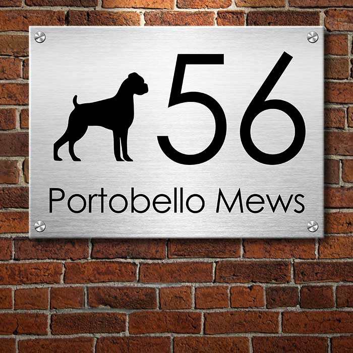 Black Dog Silhouette Modern House Number - Personalized Metal Sign