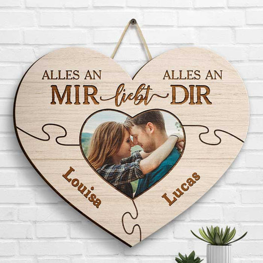 Alles An Mir Liebt Alles An Dir - Upload Image, Gift For Couples, Husband Wife - Personalized Shaped Wood Sign German