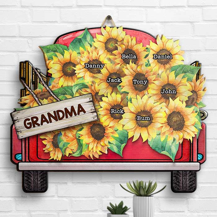 Grandma With Kids Sunflower - Gift For Mom, Grandma - Personalized Shaped Wood Sign