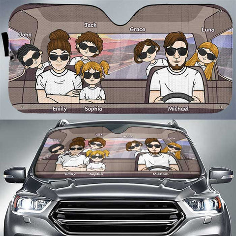 Happy Family Road Trip - Personalized Auto Sunshade - Gift For Couples, Husband Wife