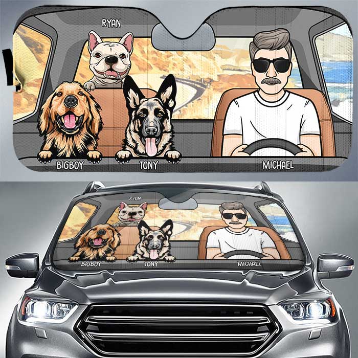 Road Trip With Dogs - Personalized Auto Sunshade - Gift For Pet Lovers