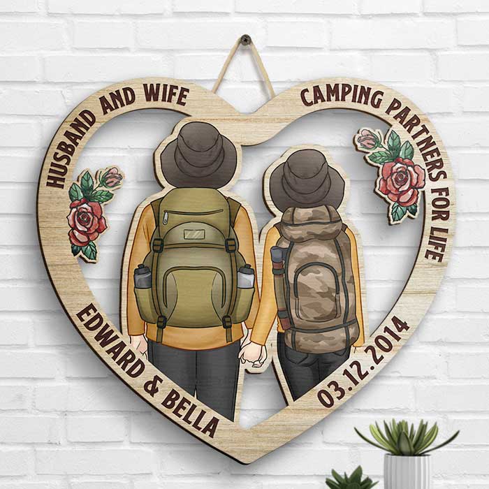 Husband And Wife, Camping Partners For Life - Gift For Camping Couples, Husband Wife, Personalized Shaped Wood Sign
