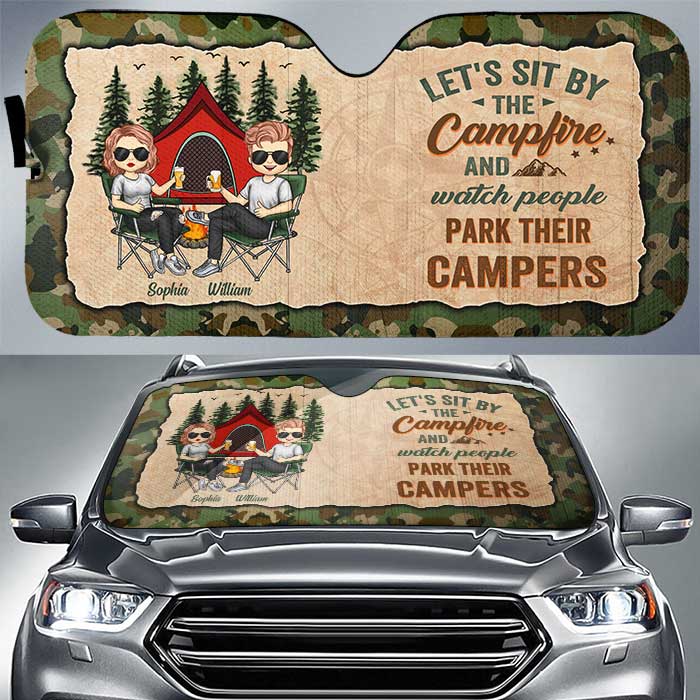 Let's Sit By The Campfire - Personalized Auto Sunshade - Gift For Couples, Camping Lovers