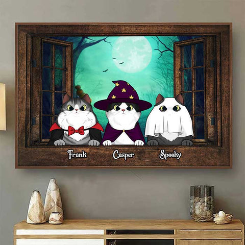 Halloween Night Cats By The Window - Personalized Horizontal Poster