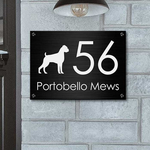 White Dog Silhouette Modern House Number - Personalized Metal Sign