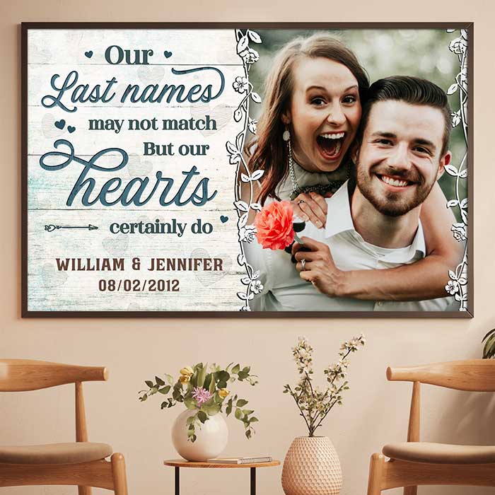 Our Last Names May Not Match But Our Hearts Certainly Do - Personalized Horizontal Poster