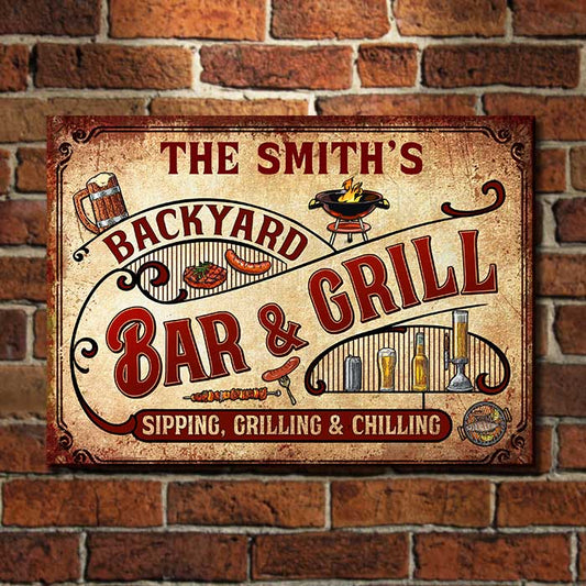 Sipping, Grilling And Chilling - Personalized Metal Sign
