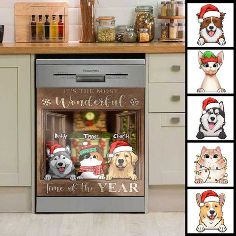 Pets By The Window In The Winter Snow - Personalized Dishwasher Cover