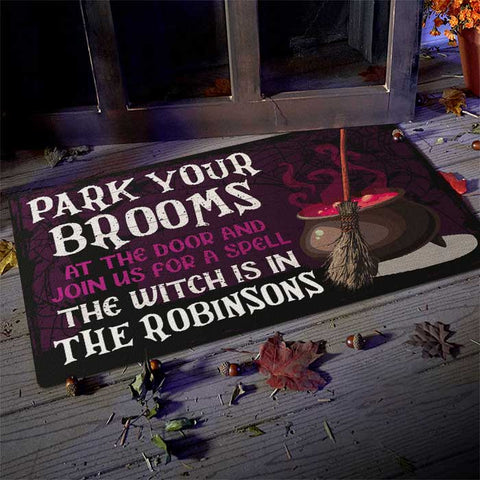 Park Your Brooms At The Door - Personalized Decorative Mat, Halloween Ideas.