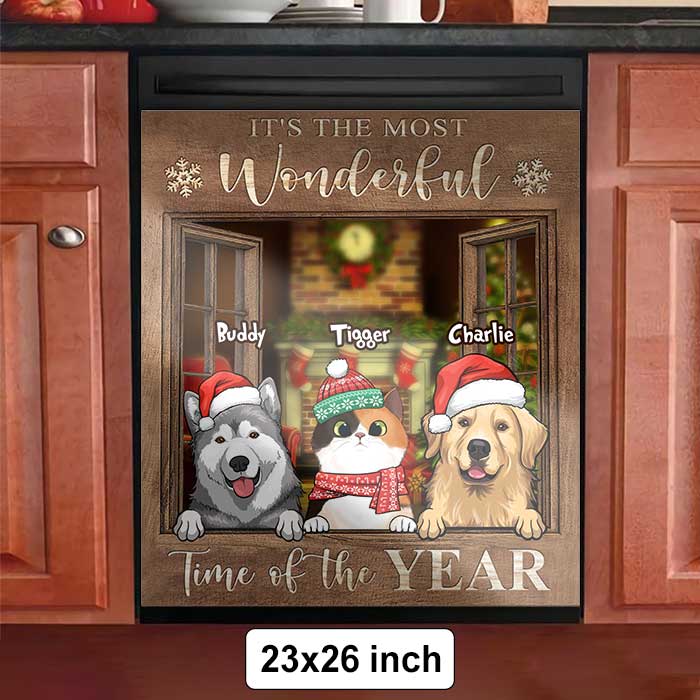 Pets By The Window In The Winter Snow - Personalized Dishwasher Cover