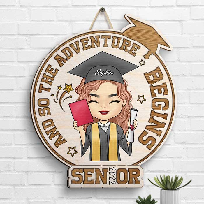 The Adventure Begins - Personalized Shaped Wood Sign - Graduation Gift