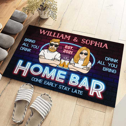 Home Bar Come Early Stay Late - Gift For Couples, Husband Wife, Personalized Decorative Mat