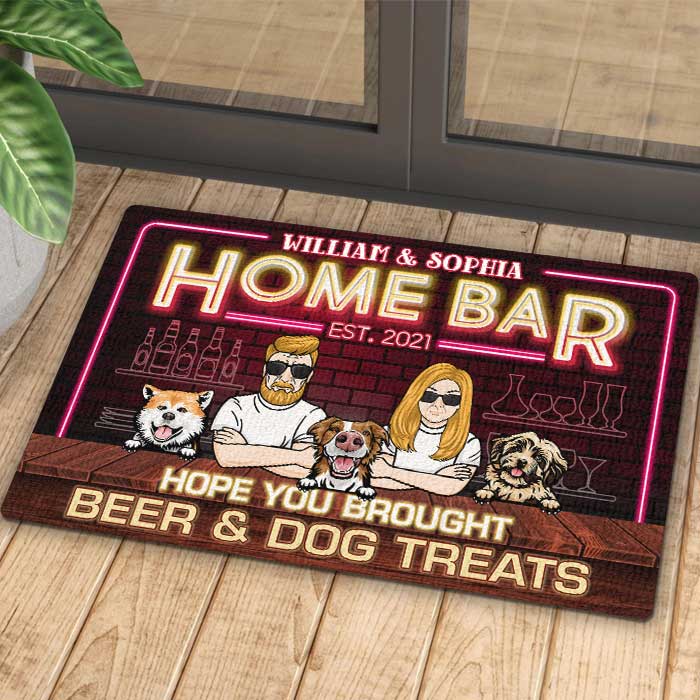 Home Bar Hope You Brought Beer & Dog Treats - Gift For Couples, Husband Wife, Personalized Decorative Mat