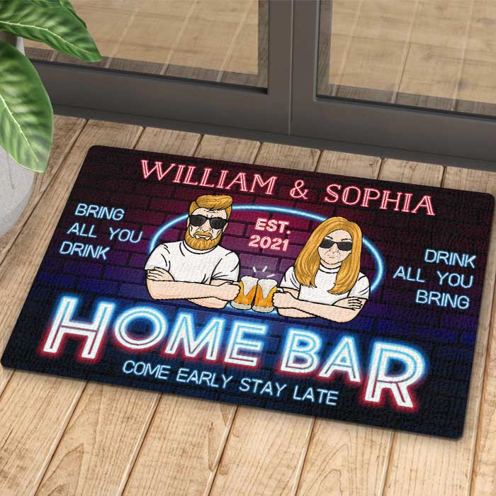 Home Bar Come Early Stay Late - Gift For Couples, Husband Wife, Personalized Decorative Mat