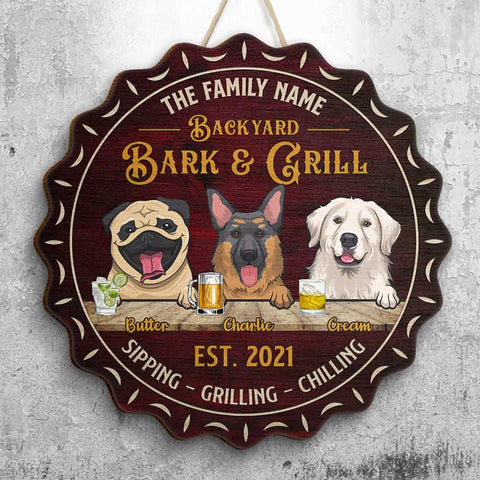 Welcome To Our House - Bark & Grill - Gift For Dog Lovers, Personalized Shaped Door Sign